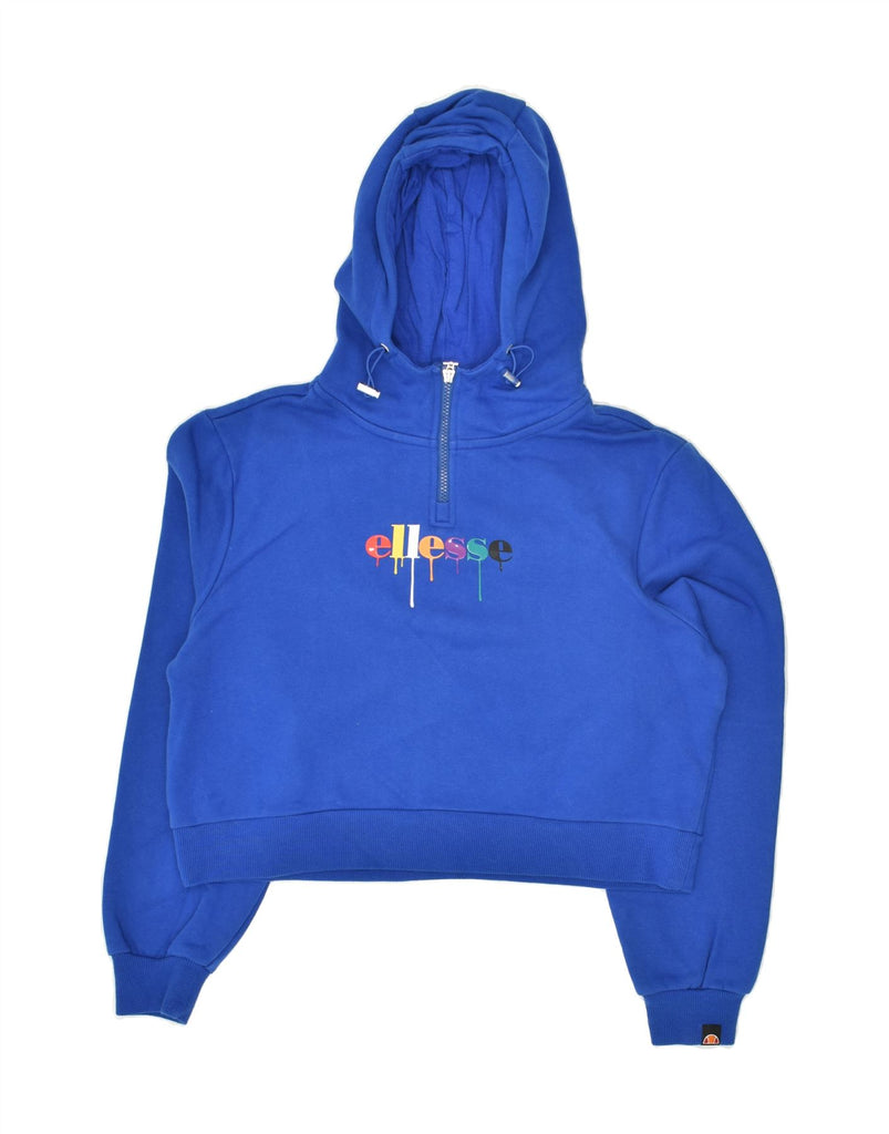 ELLESSE Womens Graphic Zip Neck Hoodie Jumper UK 14 Medium Blue Cotton | Vintage Ellesse | Thrift | Second-Hand Ellesse | Used Clothing | Messina Hembry 