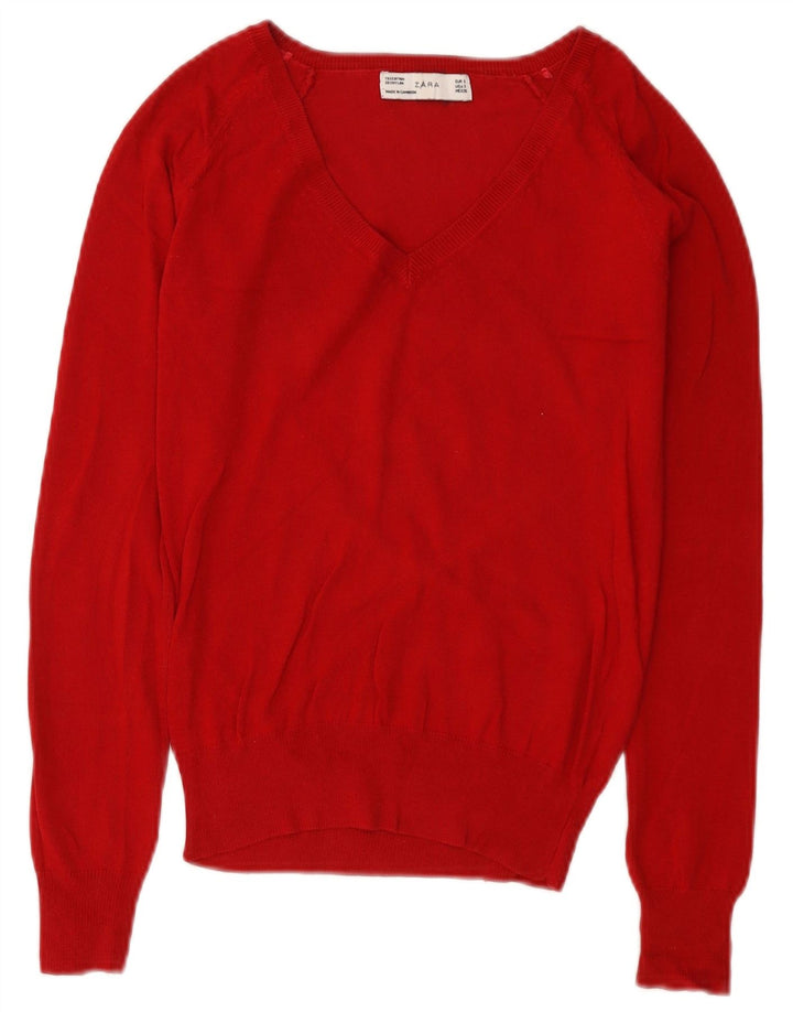 Zara Womens V-Neck Jumper Sweater UK 8 Small Red Cotton