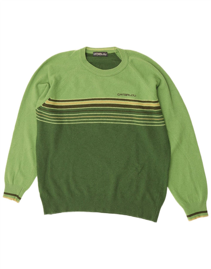 Catbalou Mens Crew Neck Jumper Sweater Large Green Striped Wool