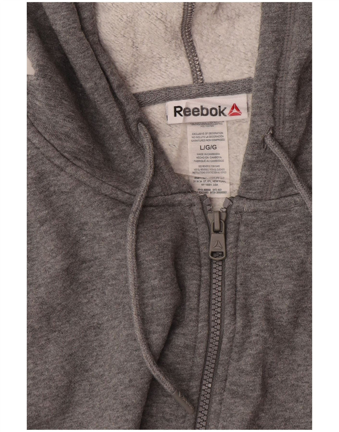 Reebok Mens Zip Hoodie Sweater Large Grey Cotton