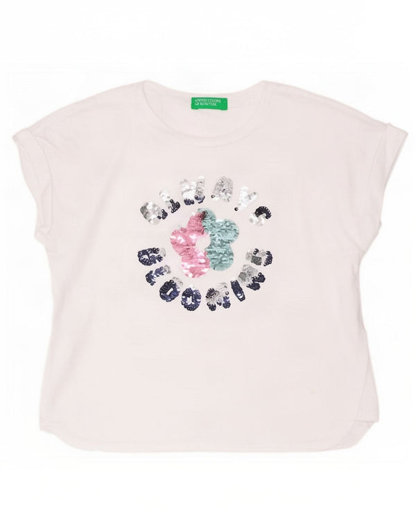 Benetton Girls Graphic T-Shirt Top 6-7 Years Small White Cotton