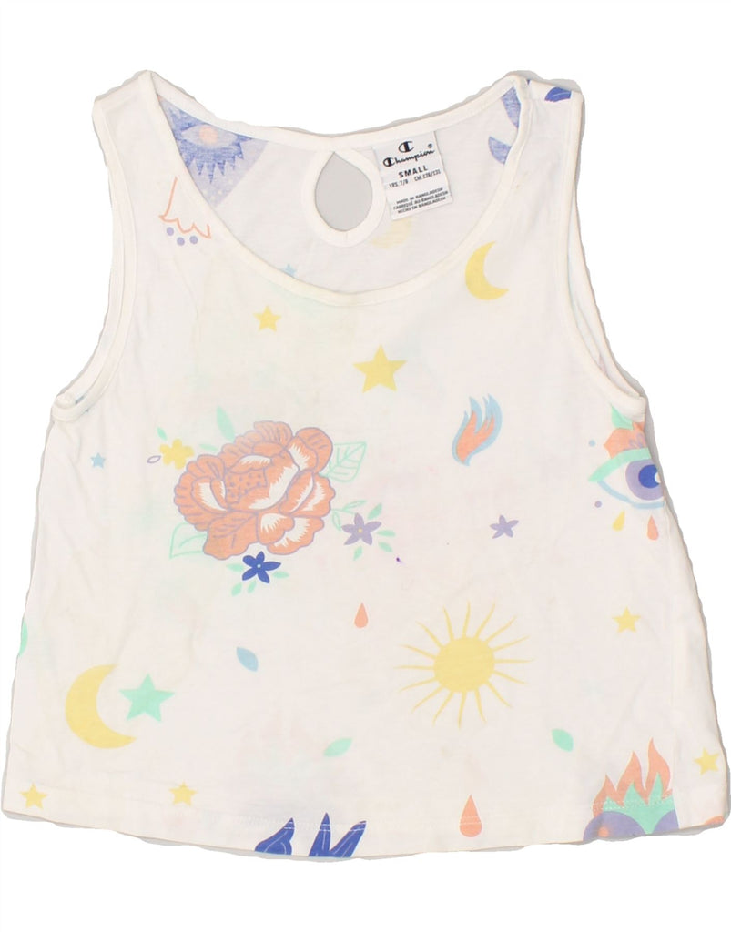 CHAMPION Girls Graphic Vest Top 7-8 Years Small  White Floral | Vintage Champion | Thrift | Second-Hand Champion | Used Clothing | Messina Hembry 