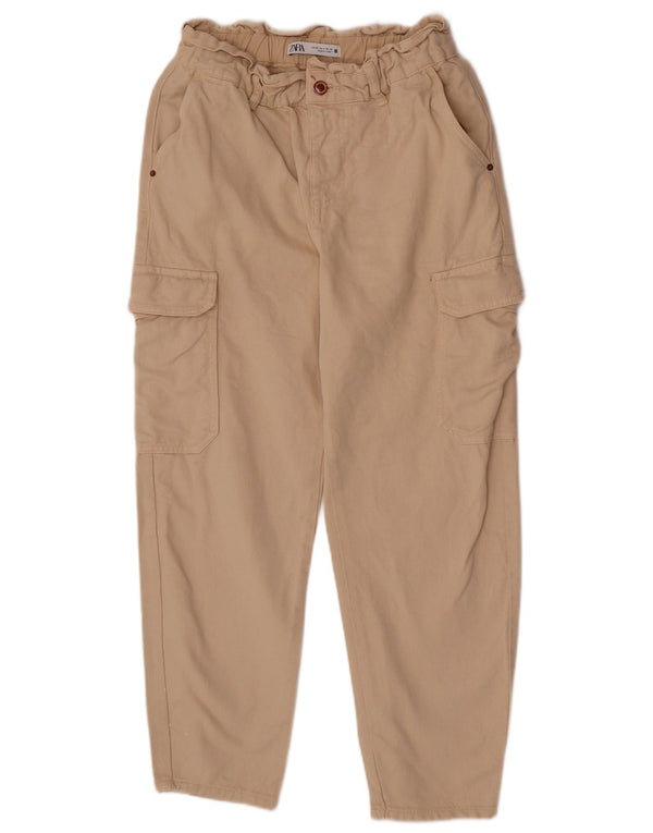 Zara Womens High Waist Tapered Cargo Trousers EU 36 XS W26 L24 Beige Cotton