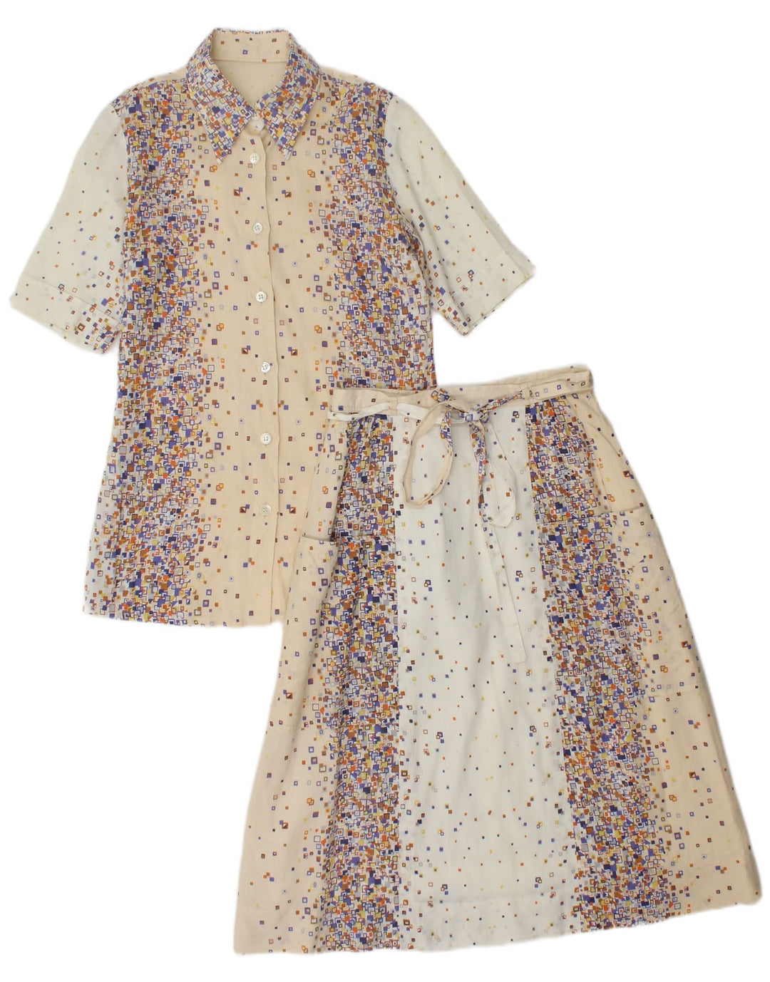 PANCALDI & B Womens 2 Piece Skirt Set UK 4 XS W24 Beige Geometric Cotton