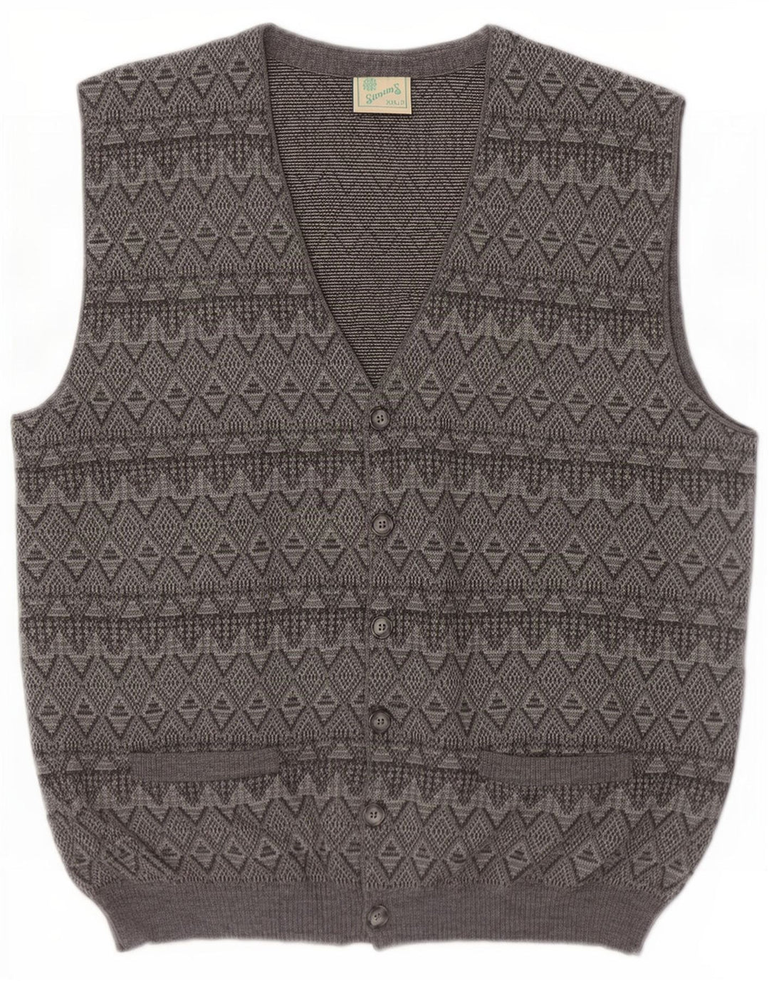 Vintage Mens Sleeveless Cardigan Sweater 2XL Grey Argyle/Diamond