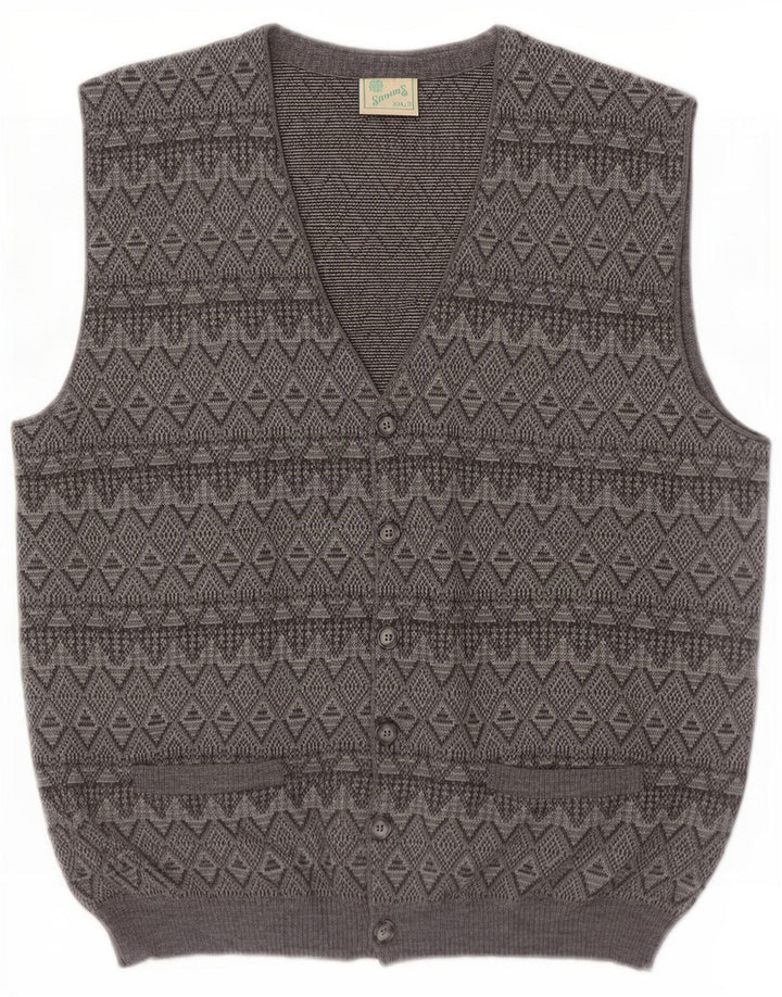 Vintage Mens Sleeveless Cardigan Sweater 2XL Grey Argyle/Diamond