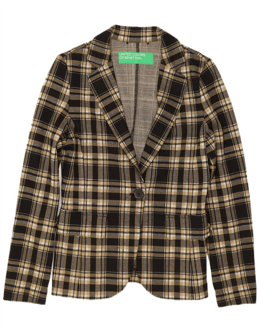 Benetton Womens 1 Button Blazer Jacket UK 10 Small Black Check Polyester