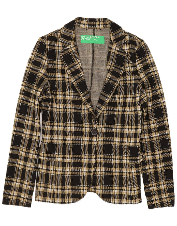 Benetton Womens 1 Button Blazer Jacket UK 10 Small Black Check Polyester