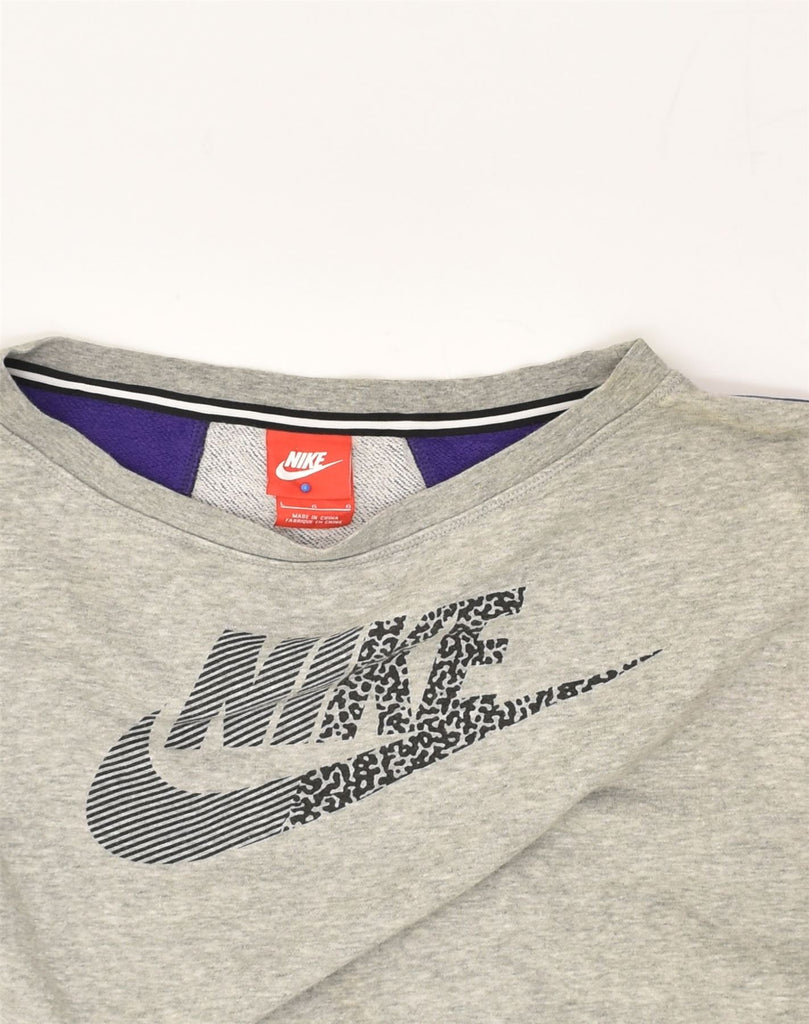 NIKE Womens Crop Graphic Sweatshirt Jumper UK 14 Large Grey Colourblock | Vintage Nike | Thrift | Second-Hand Nike | Used Clothing | Messina Hembry 