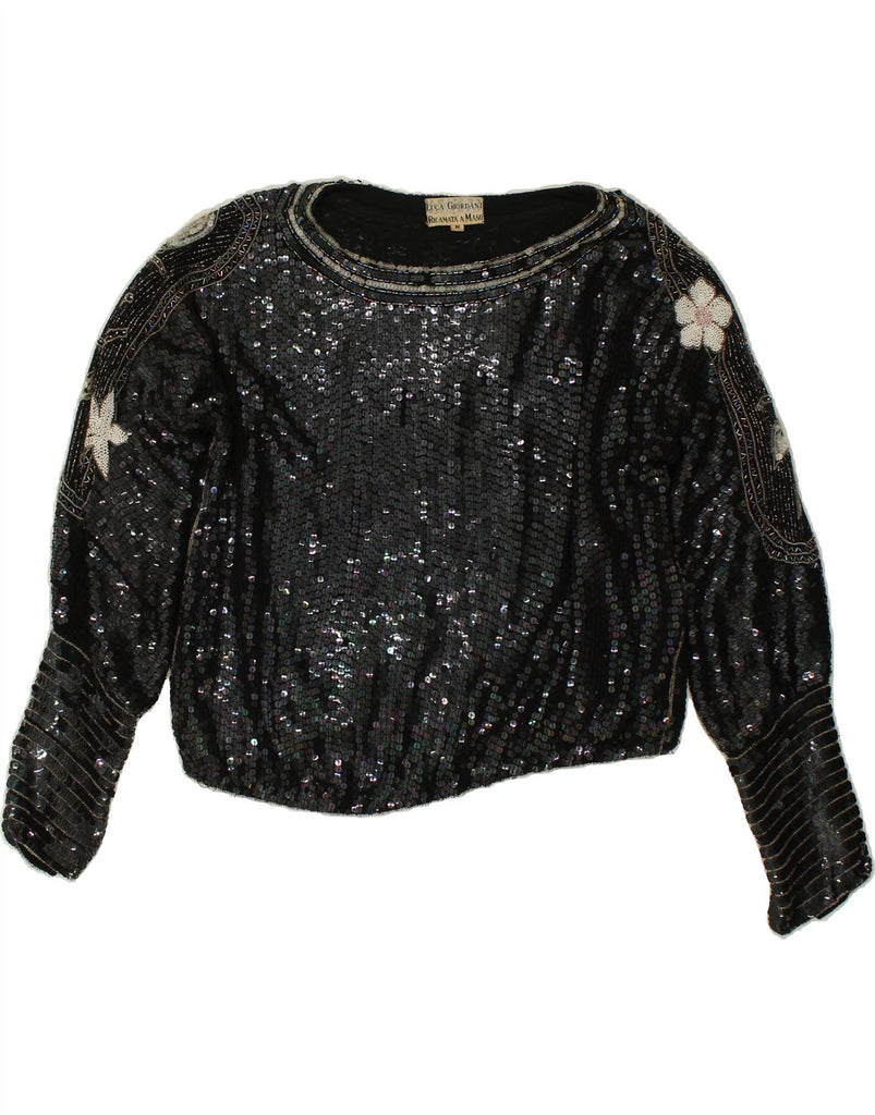 RICAMO A MANO Womens Evening Sequin Blouse Top UK 14 Medium Black Floral | Vintage Ricamo A Mano | Thrift | Second-Hand Ricamo A Mano | Used Clothing | Messina Hembry 