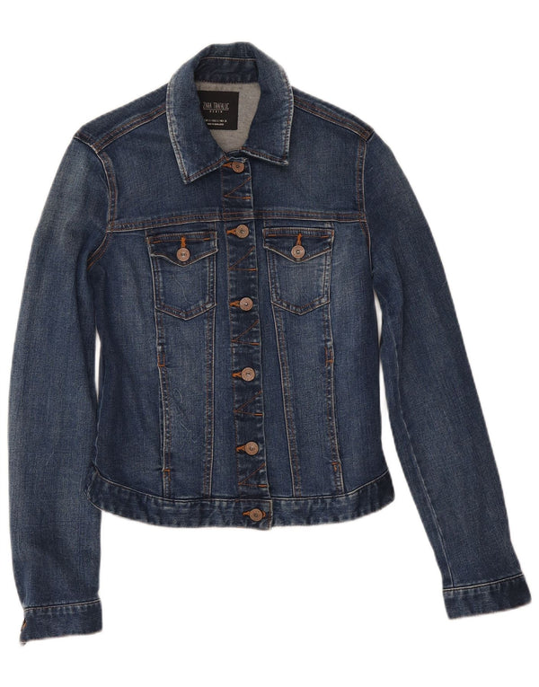 Zara Womens Crop Denim Jacket UK 10 Small Blue Cotton