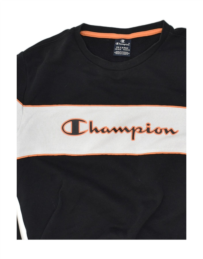 CHAMPION Boys Graphic Sweatshirt Jumper 15-16 Years 2XL Black Colourblock | Vintage Champion | Thrift | Second-Hand Champion | Used Clothing | Messina Hembry 