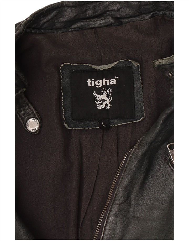 Tigha Womens Leather Racer Jacket UK 16 Large Khaki