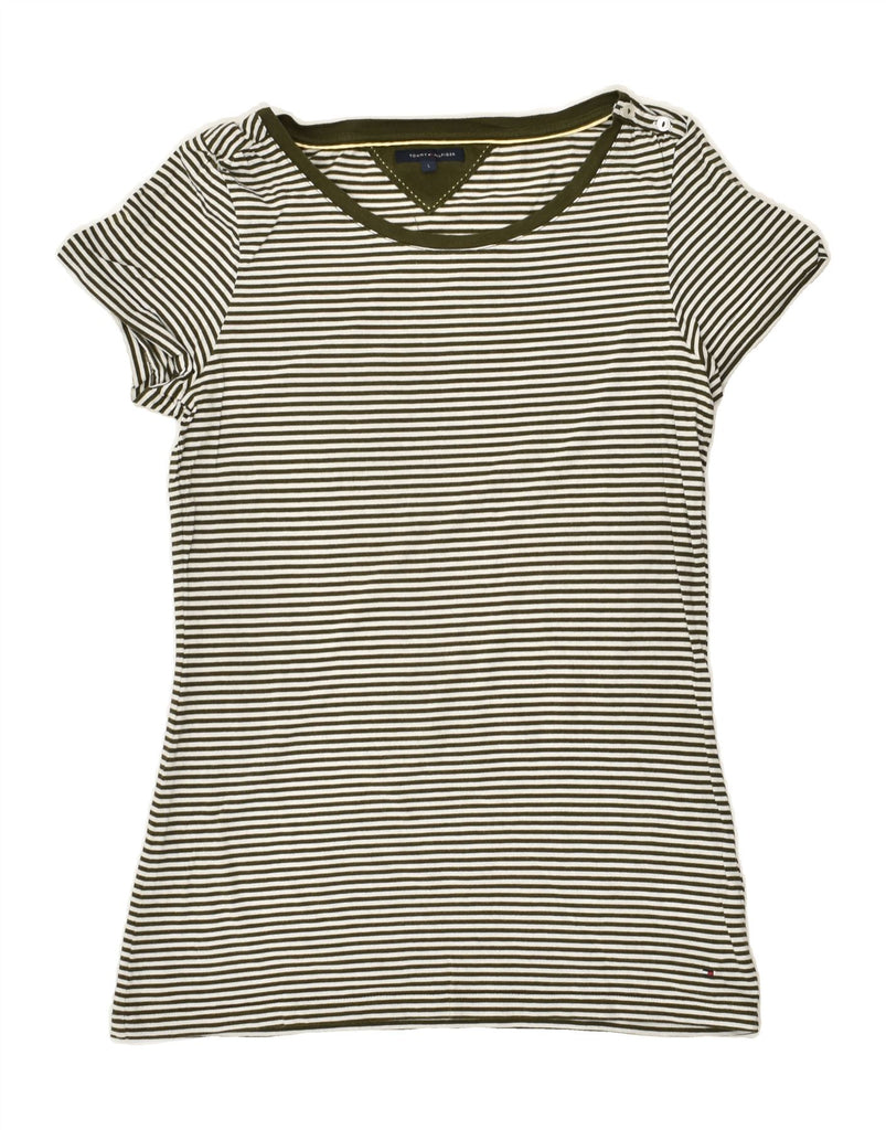 TOMMY HILFIGER Womens T-Shirt Top UK 14 Large Green Striped Cotton | Vintage Tommy Hilfiger | Thrift | Second-Hand Tommy Hilfiger | Used Clothing | Messina Hembry 