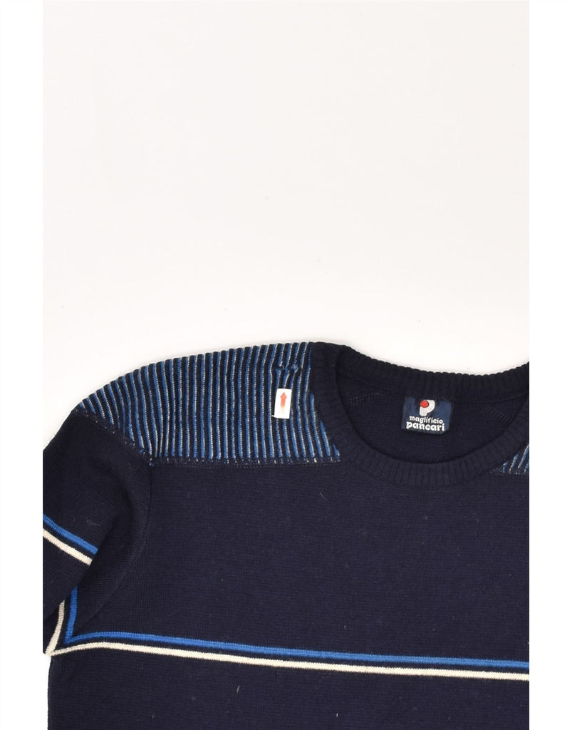 VINTAGE Mens Crew Neck Jumper Sweater Small Navy Blue Striped Virgin Wool | Vintage Vintage | Thrift | Second-Hand Vintage | Used Clothing | Messina Hembry 