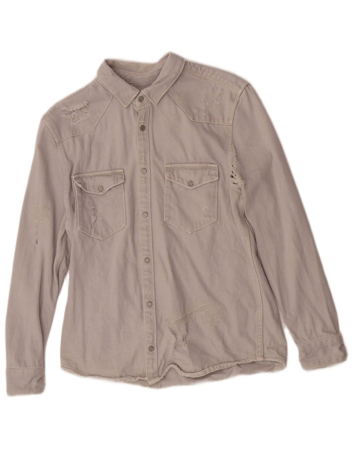 Zara Mens Distressed Relaxed Fit Denim Shirt Medium Grey Cotton