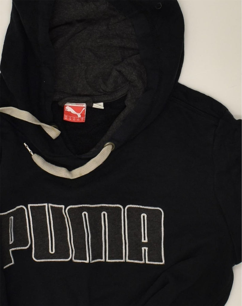 PUMA Womens Graphic Hoodie Jumper UK 12 Medium Black | Vintage Puma | Thrift | Second-Hand Puma | Used Clothing | Messina Hembry 