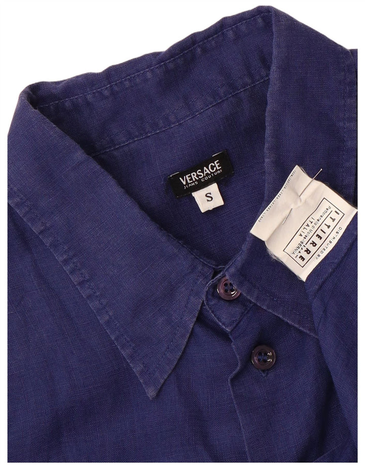 Versace Mens Short Sleeve Shirt Small Navy Blue Linen