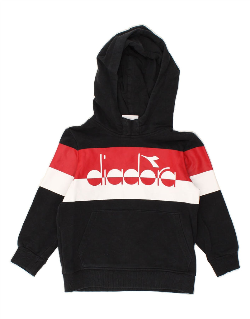 DIADORA Boys Graphic Hoodie Jumper 5-6 Years XS Black Colourblock Cotton | Vintage Diadora | Thrift | Second-Hand Diadora | Used Clothing | Messina Hembry 