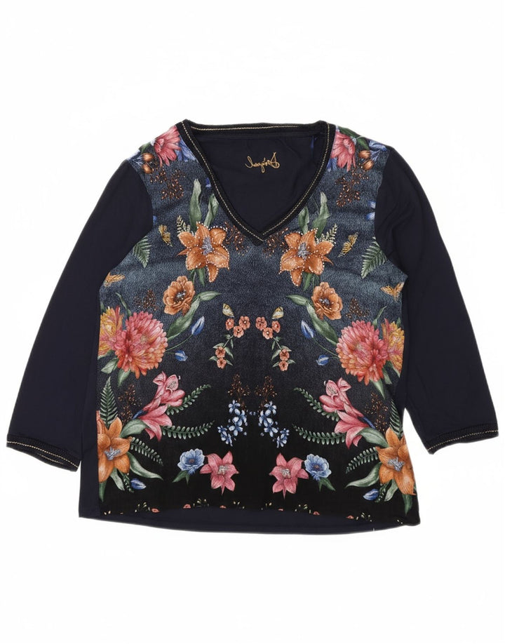 DESIGUAL Womens Top 3/4 Sleeve UK 14 Medium Navy Blue Floral