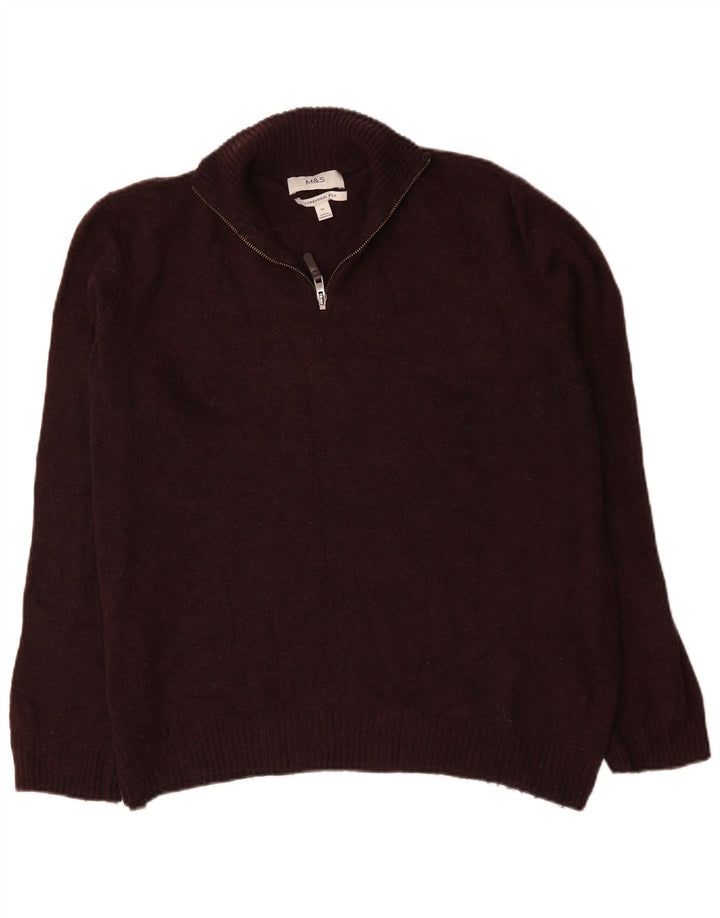 Marks & Spencer Mens Zip Neck Jumper Sweater XL Burgundy Lambswool
