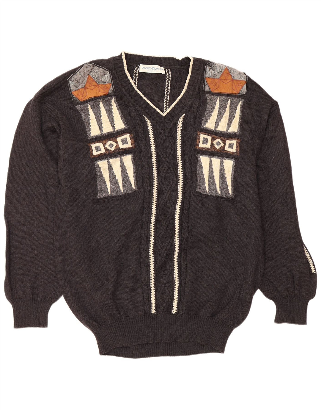 UMBERTO BILANCIONI Mens V-Neck Jumper Sweater 2XL Grey Geometric Wool