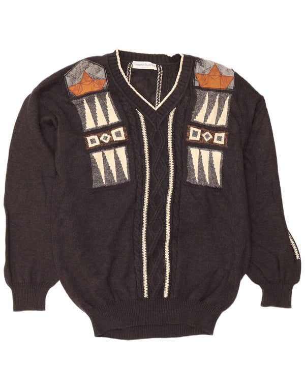 UMBERTO BILANCIONI Mens V-Neck Jumper Sweater 2XL Grey Geometric Wool