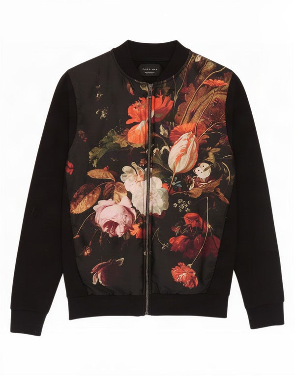 Zara Mens Cardigan Sweater Small Black Floral Cotton