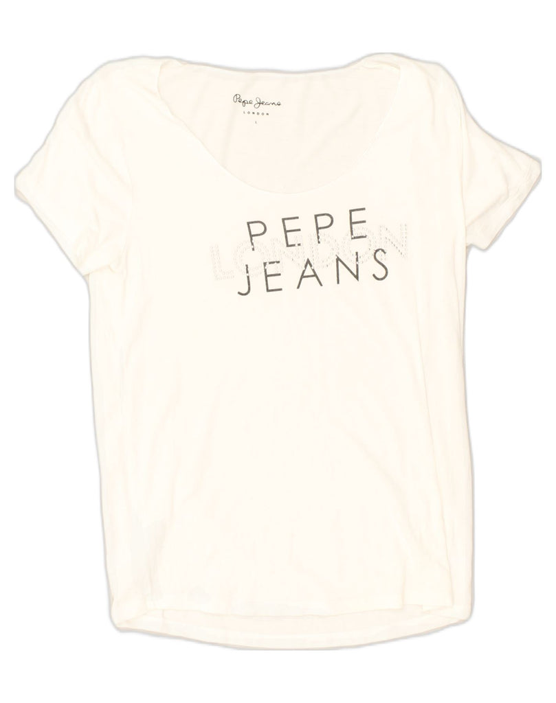 PEPE JEANS Womens Graphic T-Shirt Top UK 14 Large White | Vintage PEPE Jeans | Thrift | Second-Hand PEPE Jeans | Used Clothing | Messina Hembry 