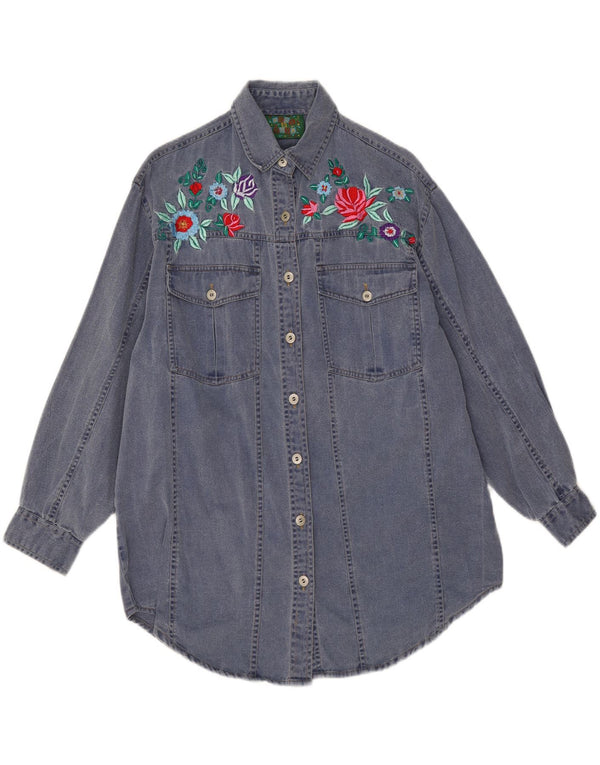 Vintage Womens Graphic Long Sleeve Denim Shirt UK 14 Large Navy Blue Floral