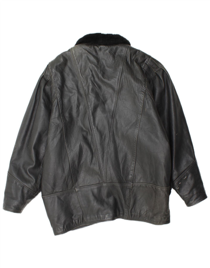 VINTAGE Womens Oversized Leather Jacket UK 10 Small Black Leather
