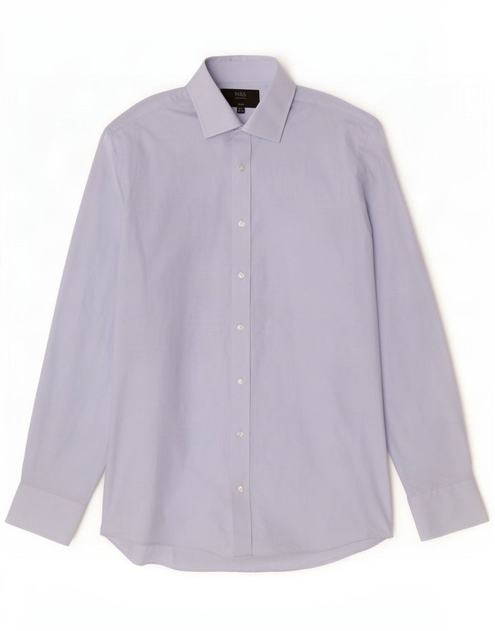 Marks & Spencer Mens Slim Shirt UK 39/40 15 1/2 Medium Blue Polyester