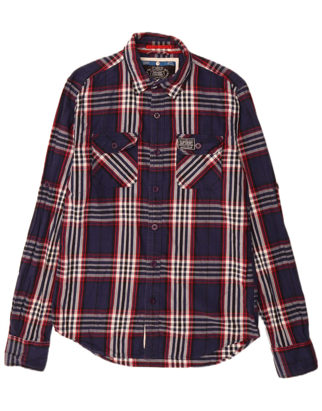 Superdry Mens Flannel Shirt Large Navy Blue Plaid Cotton