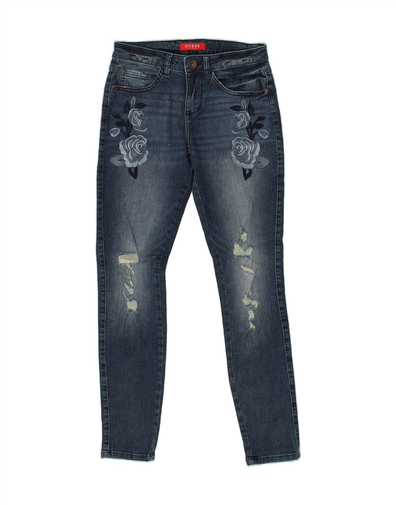 GUESS Womens Distressed Skinny Jeans W27 L29  Navy Blue Floral | Vintage Guess | Thrift | Second-Hand Guess | Used Clothing | Messina Hembry 