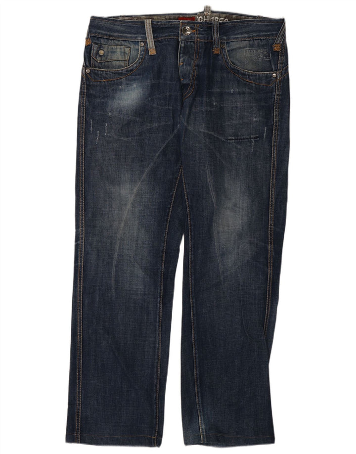 Datch Mens Distressed Straight Jeans W36 L30 Navy Blue Cotton