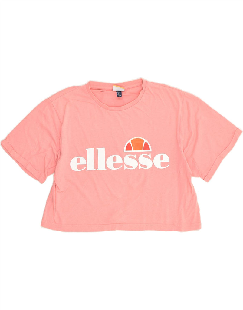 ELLESSE Womens Crop Graphic T-Shirt Top UK 8 Small Beige Cotton | Vintage Ellesse | Thrift | Second-Hand Ellesse | Used Clothing | Messina Hembry 