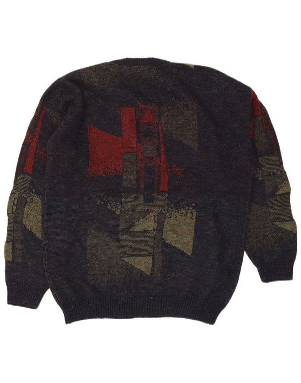 Vintage Mens V-Neck Jumper Sweater XL Navy Blue Geometric Wool