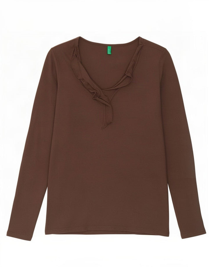 Benetton Womens Top Long Sleeve UK 12 Medium Brown Cotton