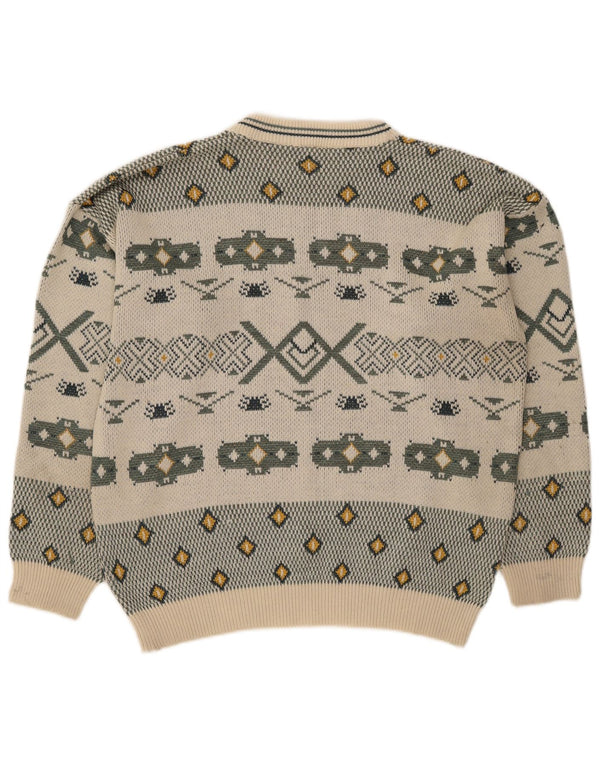 Vintage Mens Crew Neck Jumper Sweater Large Off White Colourblock Retro