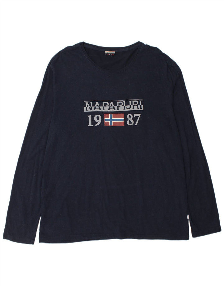 NAPAPIJRI Mens Geographic Graphic T-Shirt Long Sleeve 3XL Navy Blue Cotton