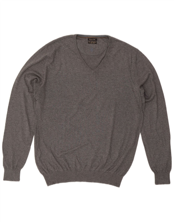 Massimo Dutti Mens V-Neck Jumper Sweater XL Grey Cotton