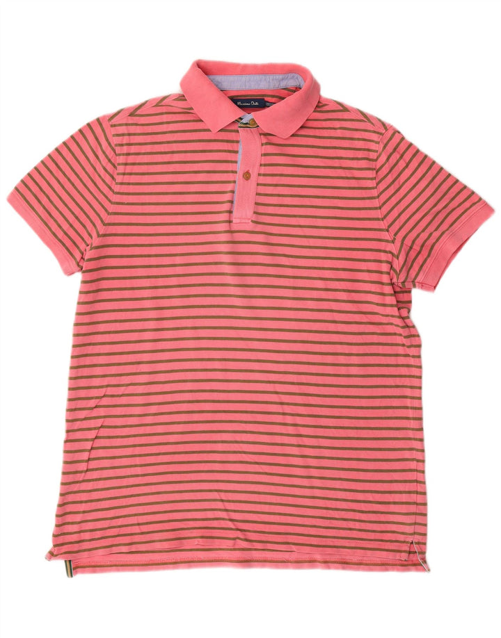 Massimo Dutti Mens Polo Shirt Medium Pink Striped Cotton