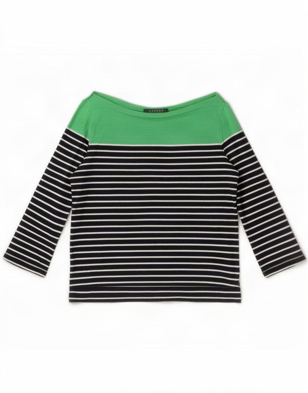 Ralph Lauren Womens Crop Top 3/4 Sleeve UK 6 XS Navy Blue Striped Cotton