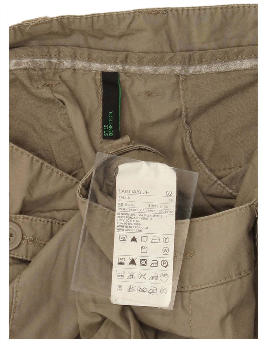 BENETTON Mens Straight Cargo Trousers IT 52 XL W38 L34 Khaki Cotton