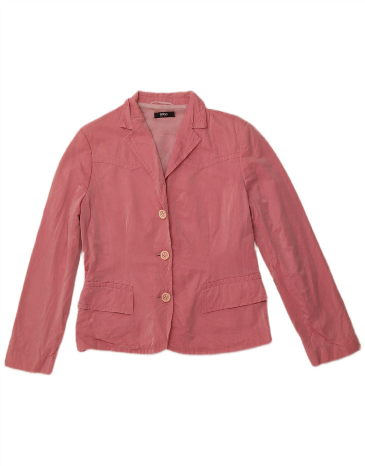 HUGO BOSS Womens 3 Button Blazer Jacket UK 14 Large Pink Cotton