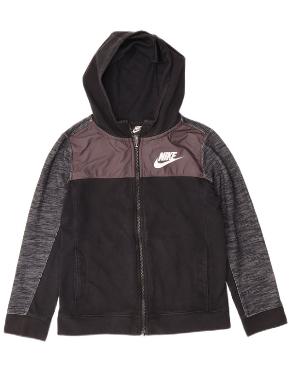 NIKE Boys Zip Hoodie Sweater 10-11 Years Medium Black Colourblock Cotton