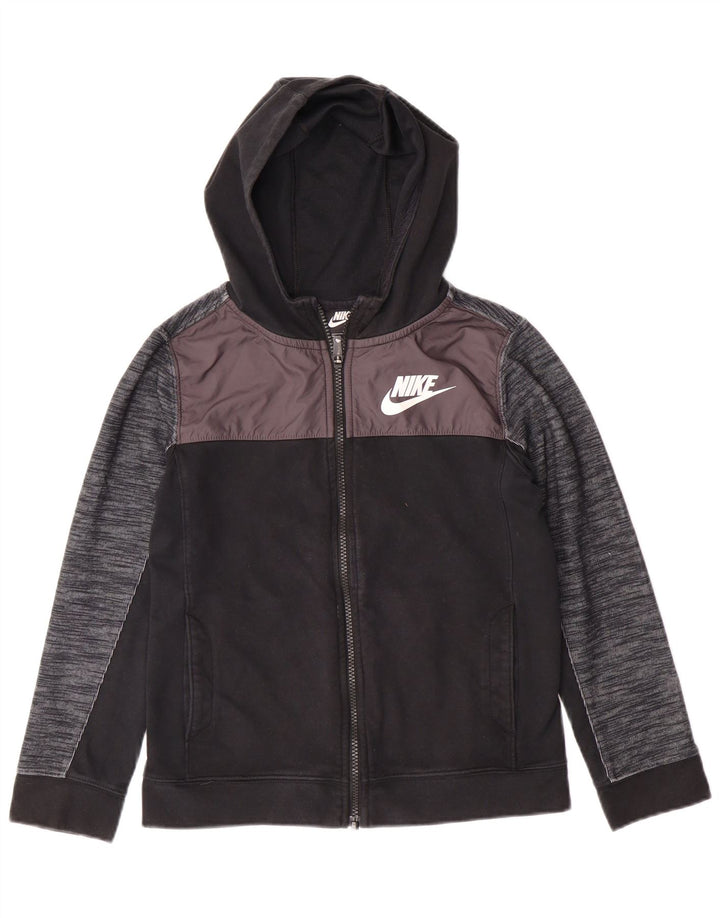NIKE Boys Zip Hoodie Sweater 10-11 Years Medium Black Colourblock Cotton