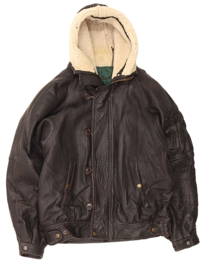 Vintage Mens Hooded Leather Jacket UK 42 XL Black