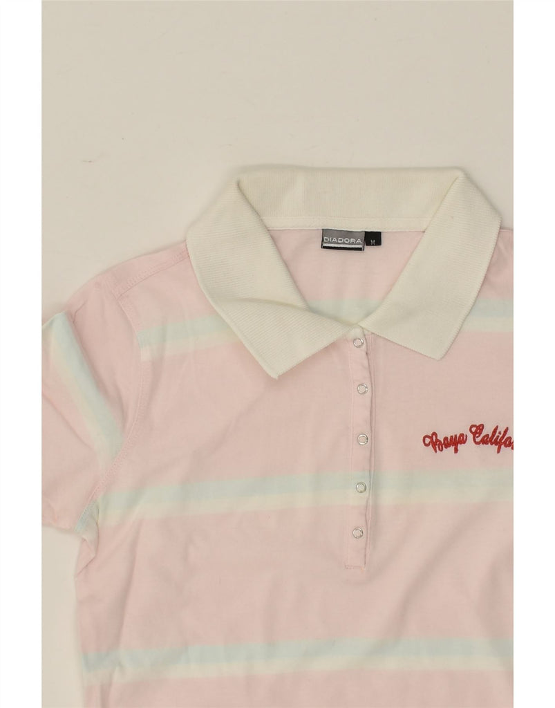 DIADORA Womens Polo Shirt UK 12 Medium Pink Striped Cotton | Vintage Diadora | Thrift | Second-Hand Diadora | Used Clothing | Messina Hembry 