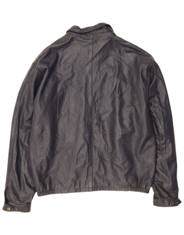 Vintage Mens Leather Jacket IT 52 XL Navy Blue Leather